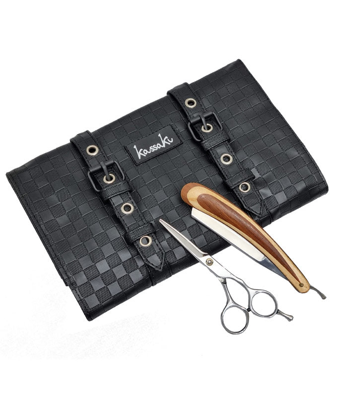 Kassaki Hairdressing Scissor Case - Shear Tool Roll for Barbers-  Black Check