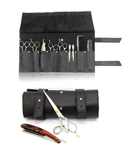Leather Hairdressing Scissor Case - Barber Shear Tool Roll -  Black