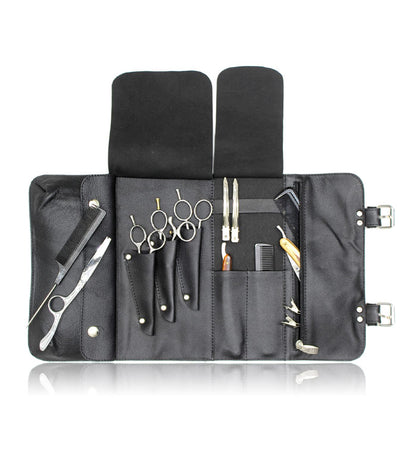 Leather Hairdressing Scissor Case - Barber Shear Tool Roll Pouch-  Black