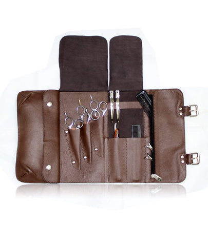 Leather Hairdressing Scissor Case - Shear Tool Roll Case Pouch-  Brown