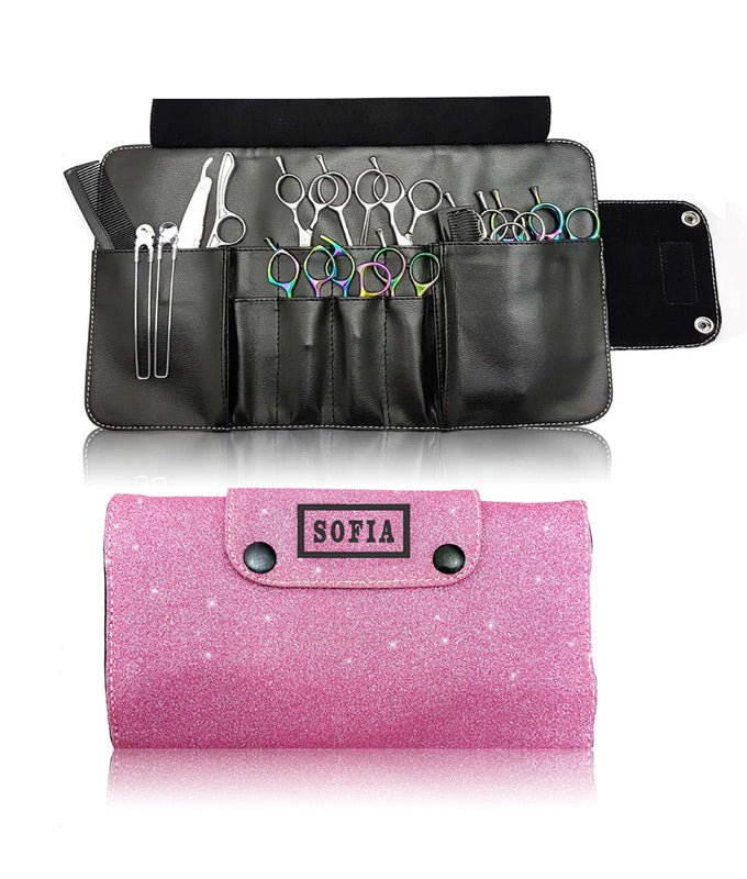 Personalised Hairdressing Scissors Case Tool Roll Pink Glitter Kassaki Hair Beauty