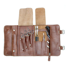 Large Leather Hairdressing Scissor Case - Shear Tool Roll Case Pouch-  Luxury Brown