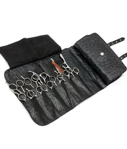 Kassaki Hairdressing Scissor Case - Shear Tool Roll for Barbers-  Black Ostrich Buckle