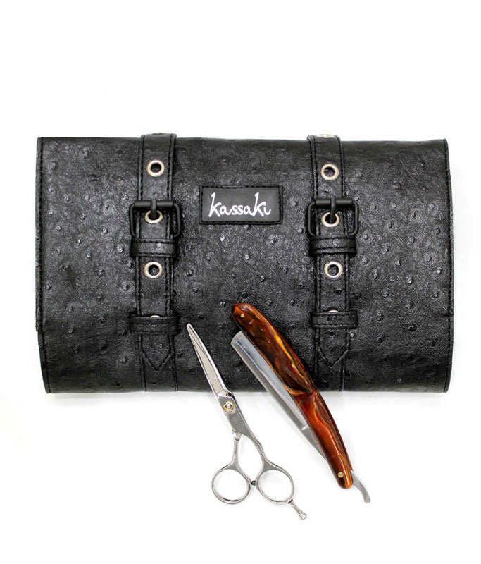 Kassaki Hairdressing Scissor Case - Shear Tool Roll for Barbers-  Black Ostrich Buckle