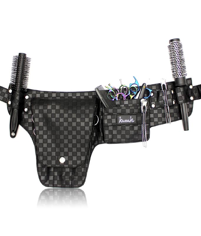 Hairdressing belt kassaki scissor pouch bag in luxury black checkered material.  